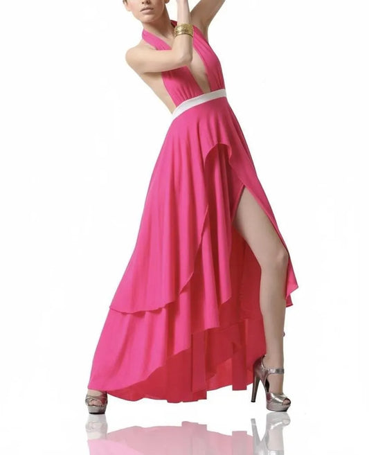Pink Halter Maxi Dress with High-Low Ruffle Hem | Deep V Neck Evening Dress | Elegant Flowy Formal Gown | Resort & Event Wear