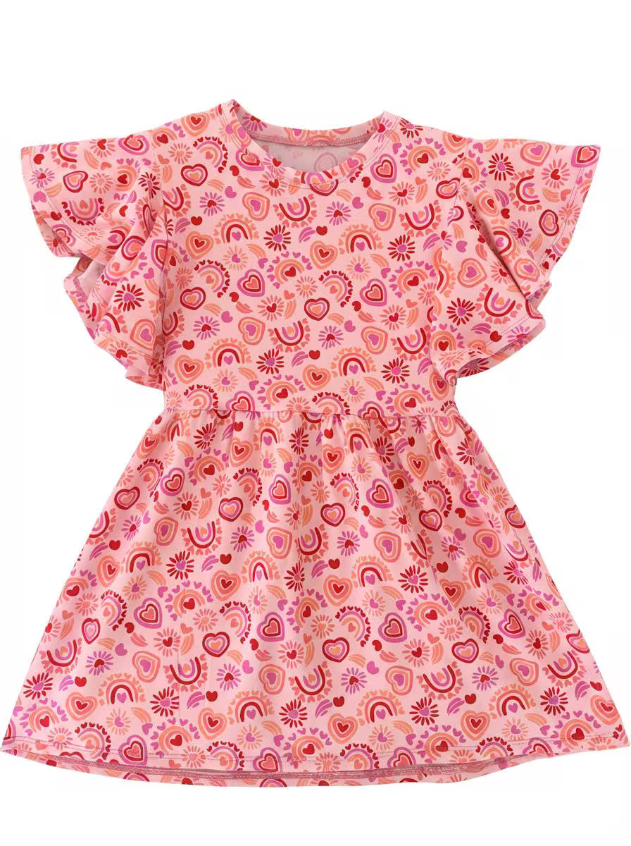 Girls Heart Rainbow Flutter Sleeve Dress | Handmade Toddler & Girls Twirl Dress | Boutique Outfit