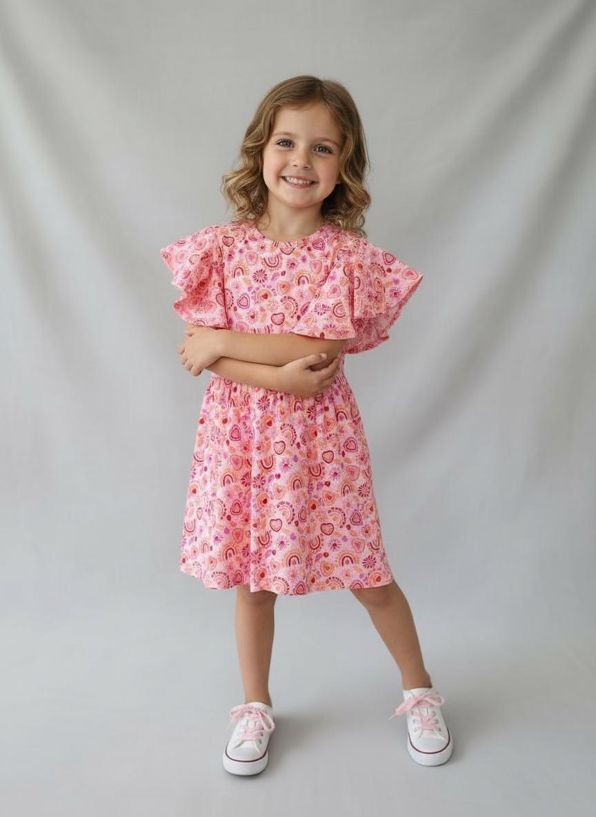Girls Heart Rainbow Flutter Sleeve Dress | Handmade Toddler & Girls Twirl Dress | Boutique Outfit
