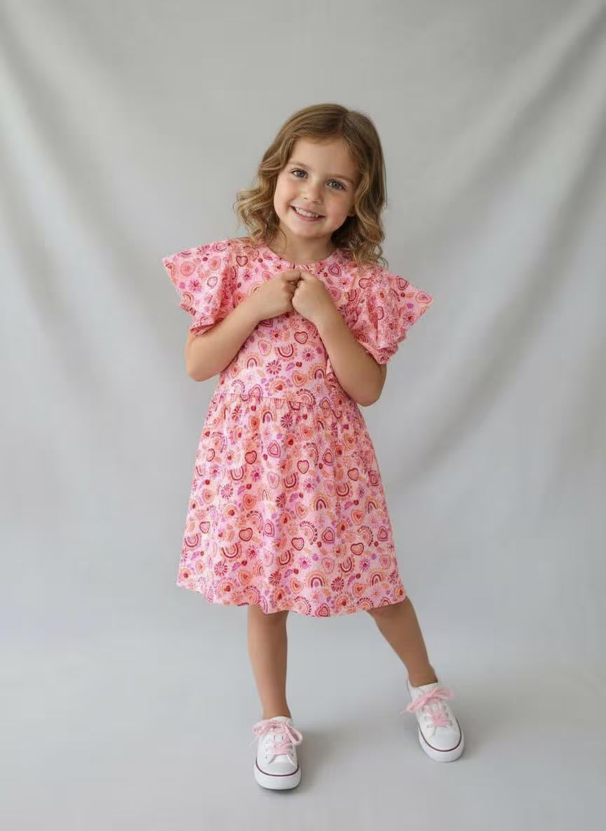 Girls Heart Rainbow Flutter Sleeve Dress | Handmade Toddler & Girls Twirl Dress | Boutique Outfit
