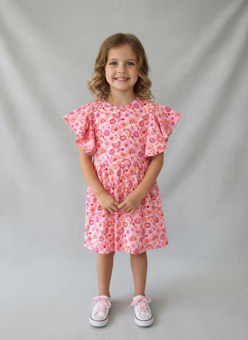Girls Heart Rainbow Flutter Sleeve Dress | Handmade Toddler & Girls Twirl Dress | Boutique Outfit