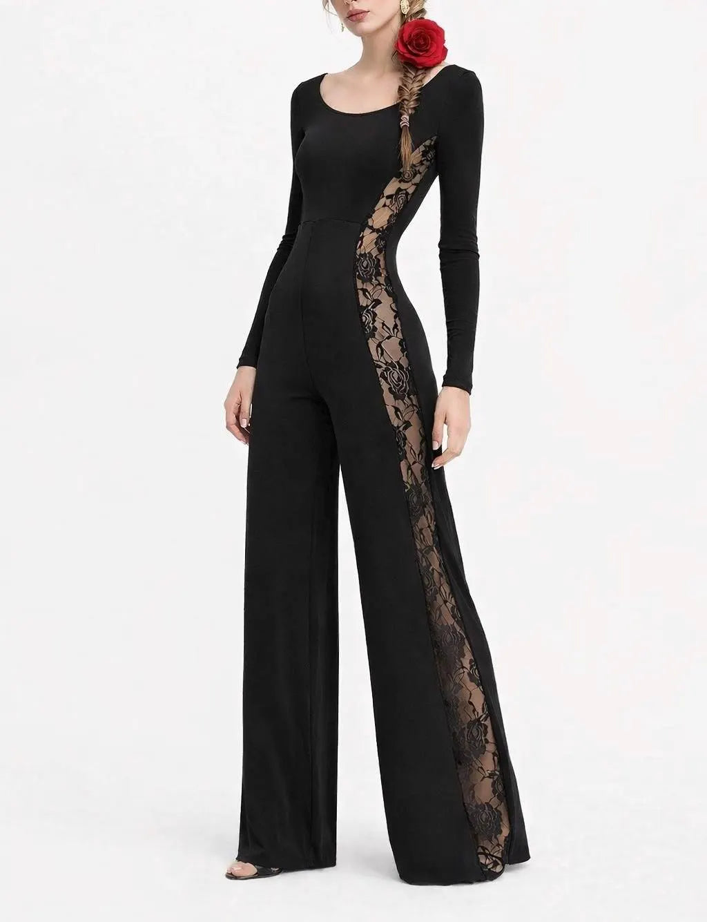 Black Lace Panel Jumpsuit – Long Sleeve Wide Leg Evening Outfit
