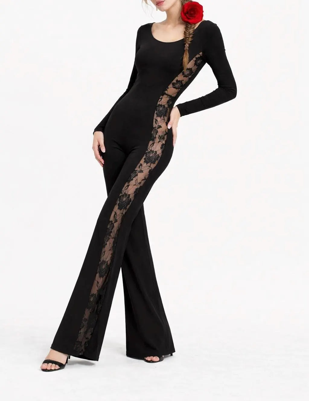 Black Lace Panel Jumpsuit – Long Sleeve Wide Leg Evening Outfit
