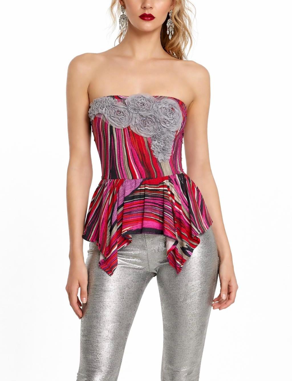 Strapless Peplum Top – Gray Rosette Appliqué