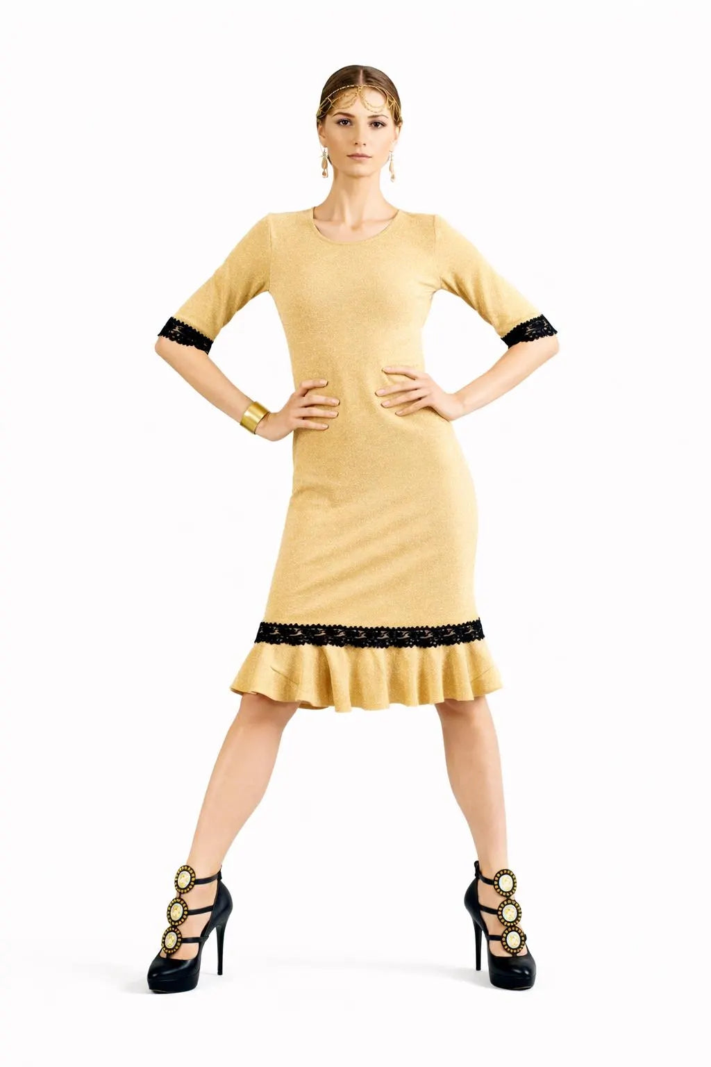 Gold Midi Dress - Black Lace Trim, Flounce Hem Cocktail Dress