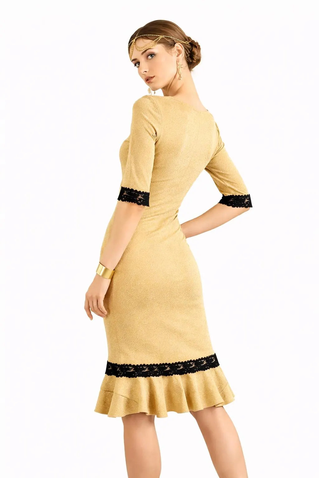 Gold Midi Dress - Black Lace Trim, Flounce Hem Cocktail Dress