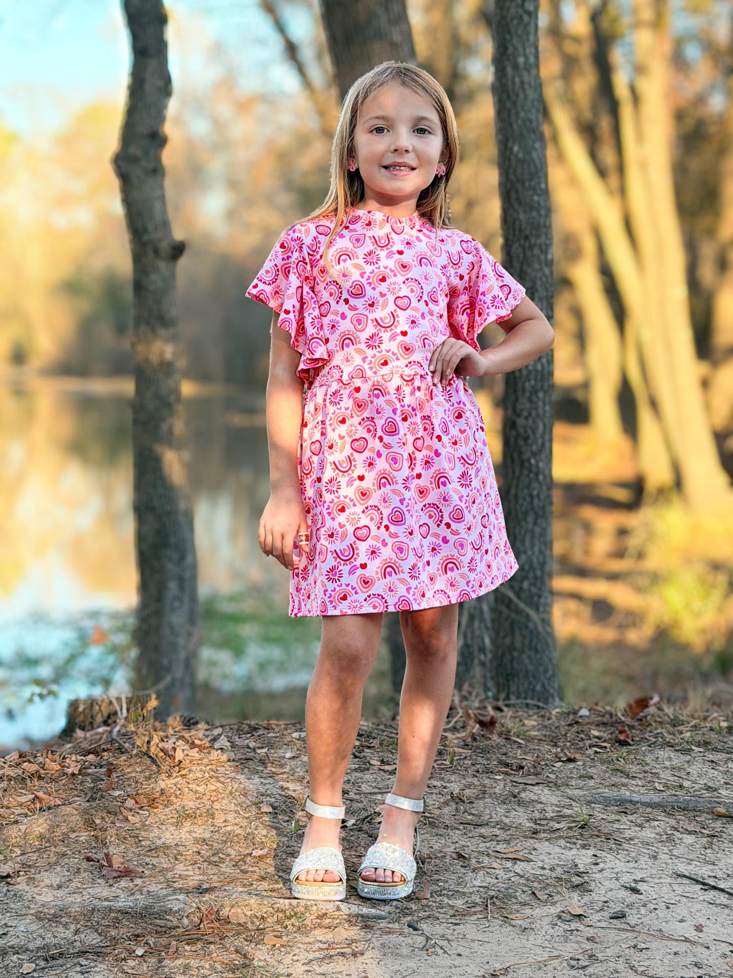 Girls Heart Rainbow Flutter Sleeve Dress | Handmade Toddler & Girls Twirl Dress | Boutique Outfit