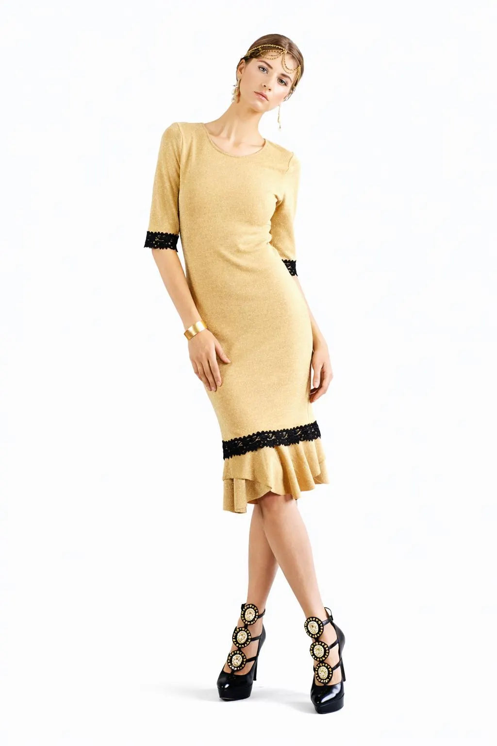 Gold Midi Dress - Black Lace Trim, Flounce Hem Cocktail Dress