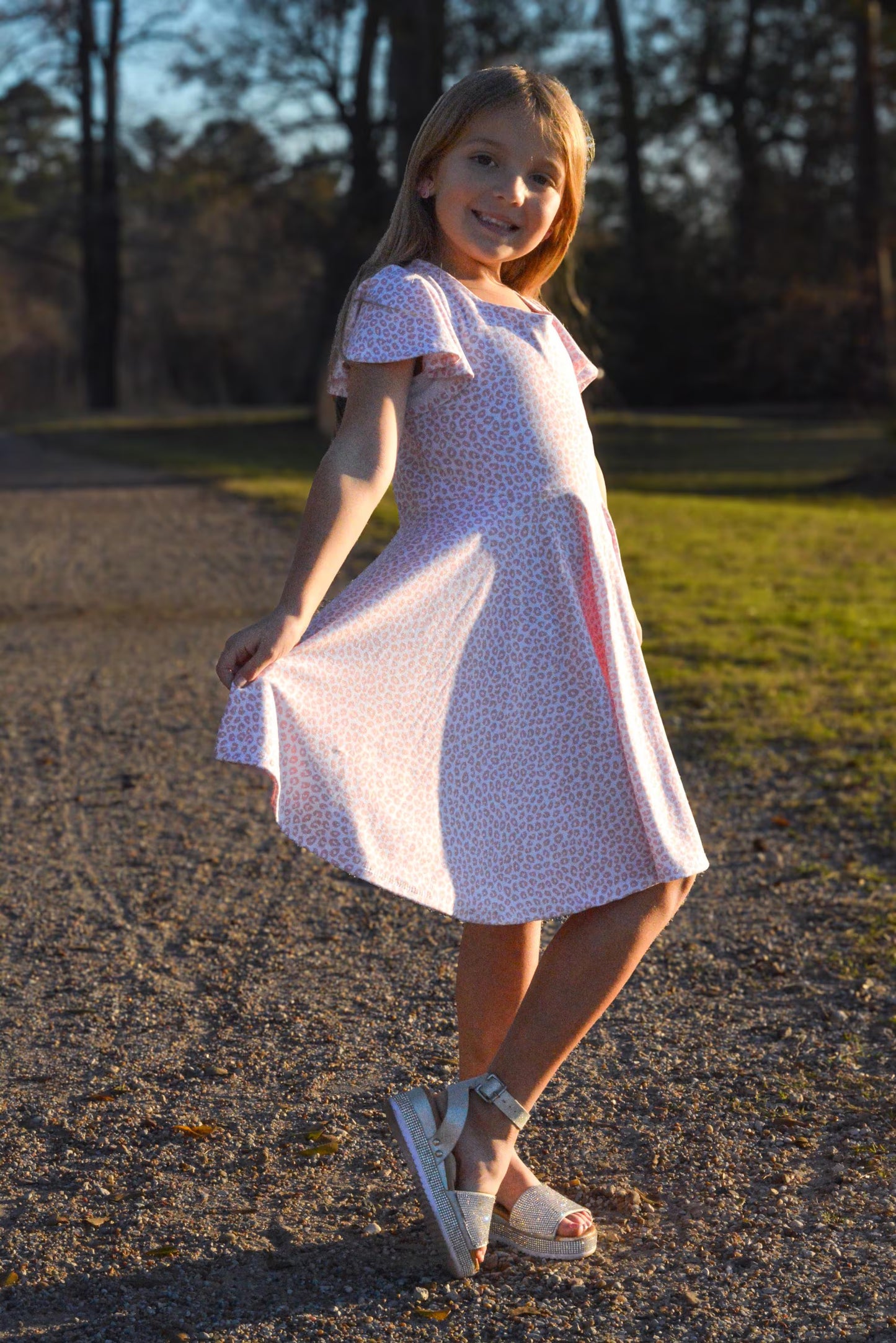 Girls Pink Leopard Twirl Dress | Flutter Sleeve, Bow Back