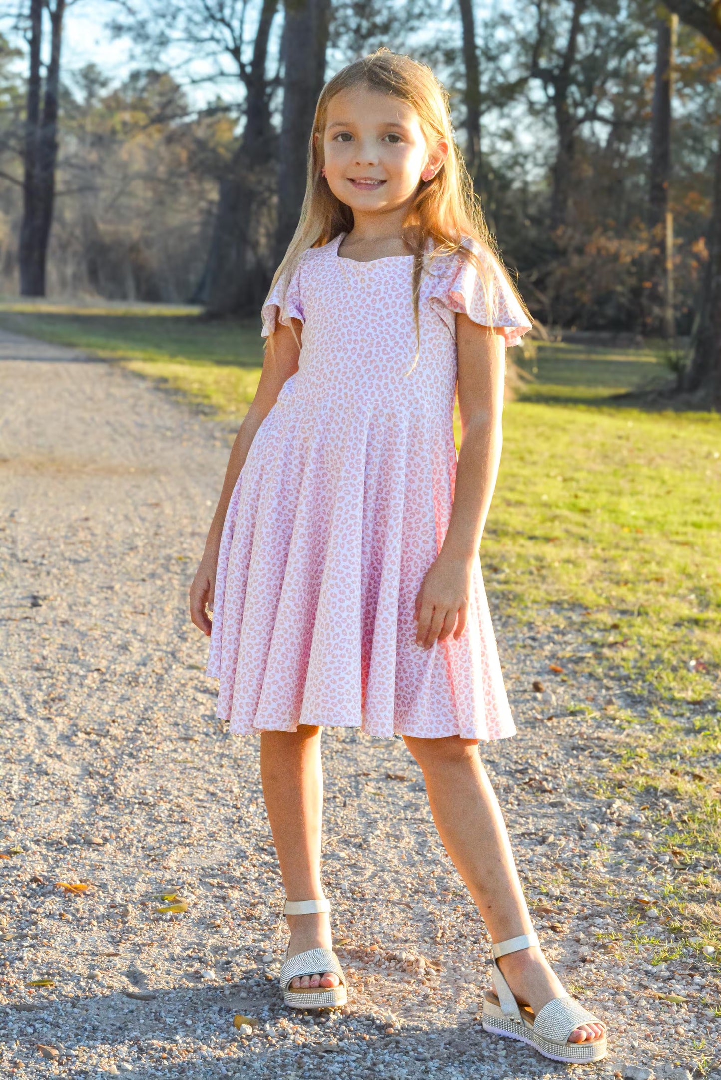 Girls Pink Leopard Twirl Dress | Flutter Sleeve, Bow Back