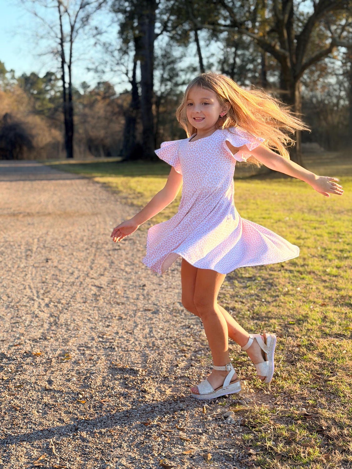 Girls Pink Leopard Twirl Dress | Flutter Sleeve, Bow Back