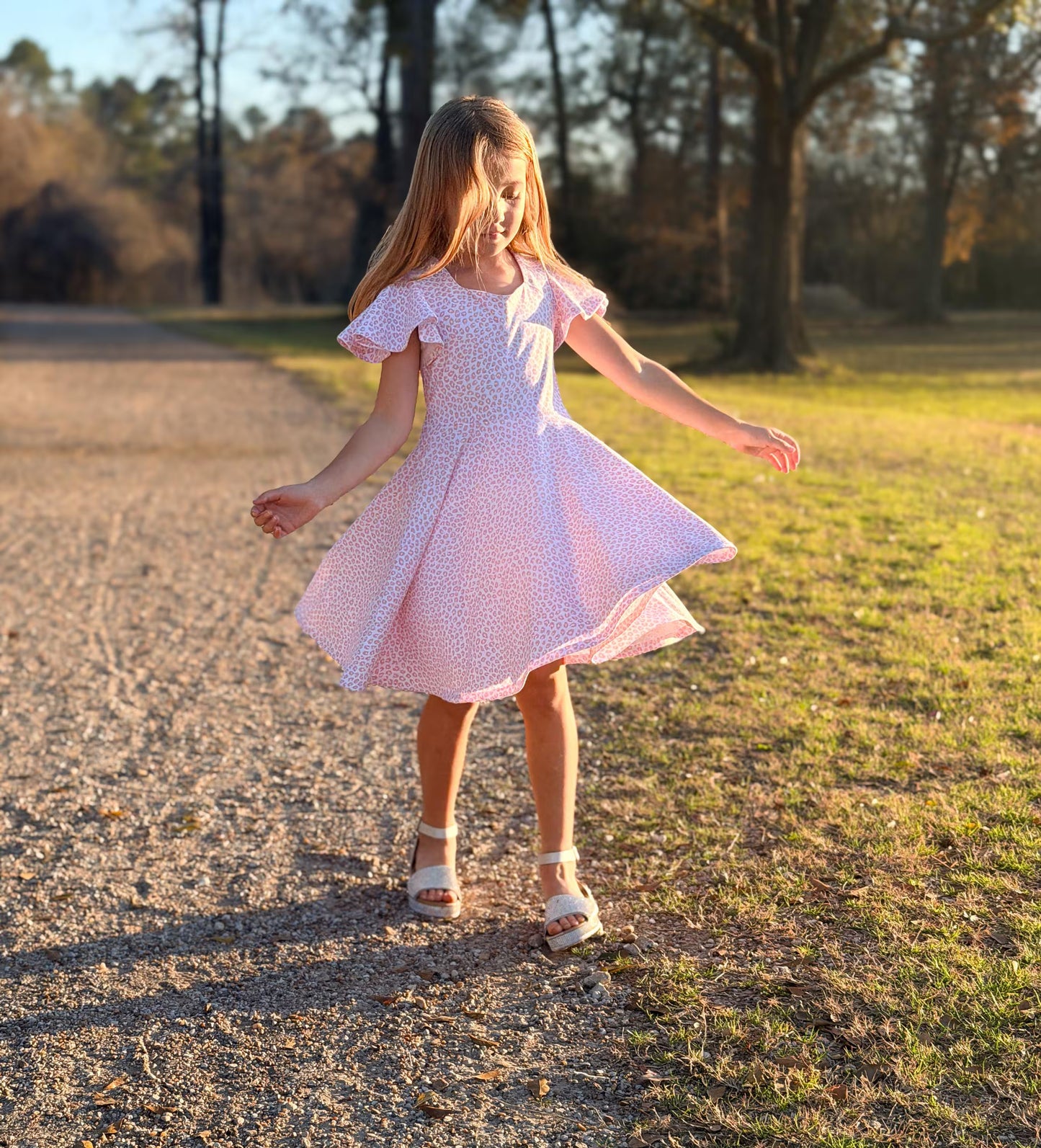 Girls Pink Leopard Twirl Dress | Flutter Sleeve, Bow Back