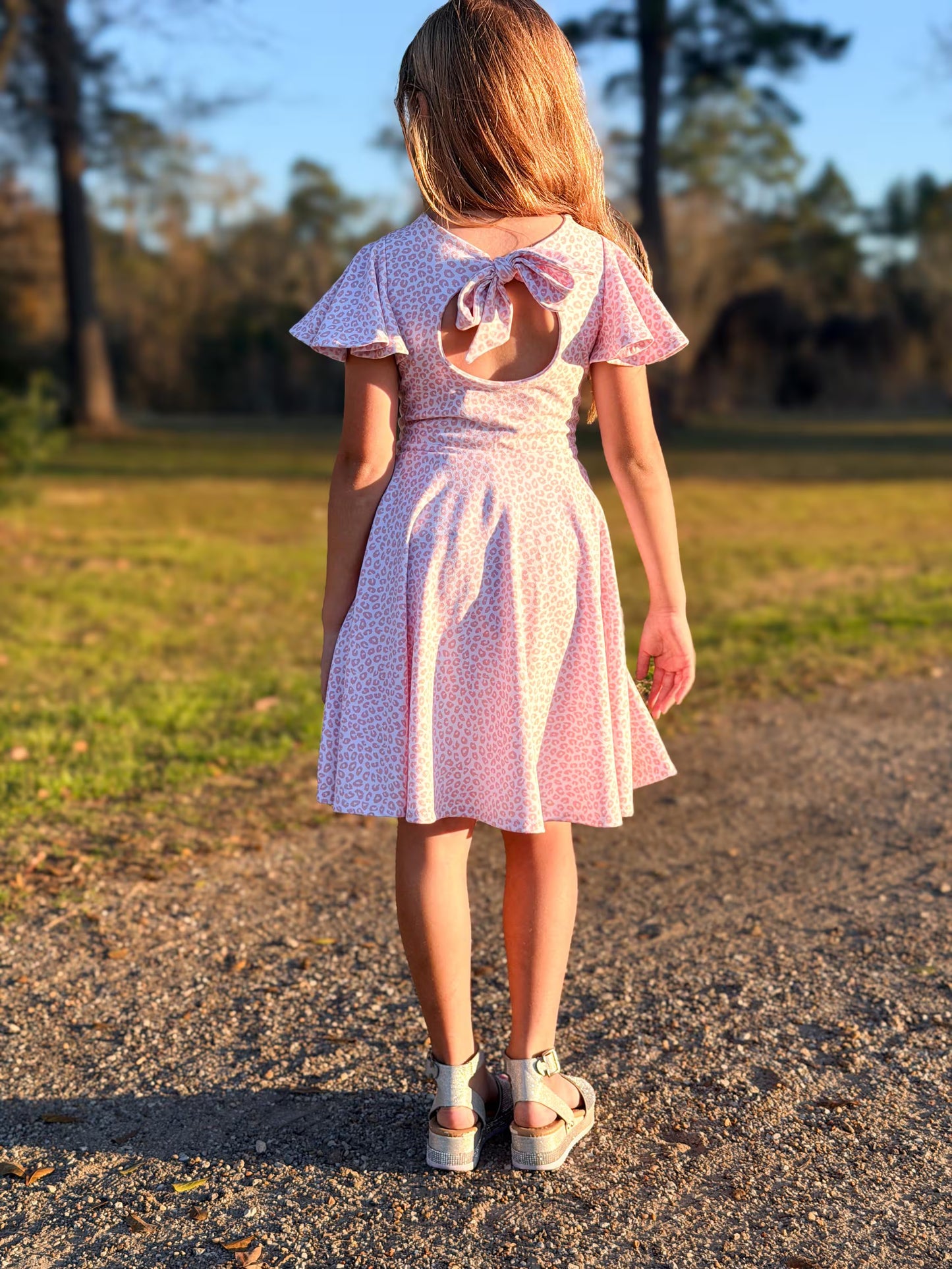 Girls Pink Leopard Twirl Dress | Flutter Sleeve, Bow Back