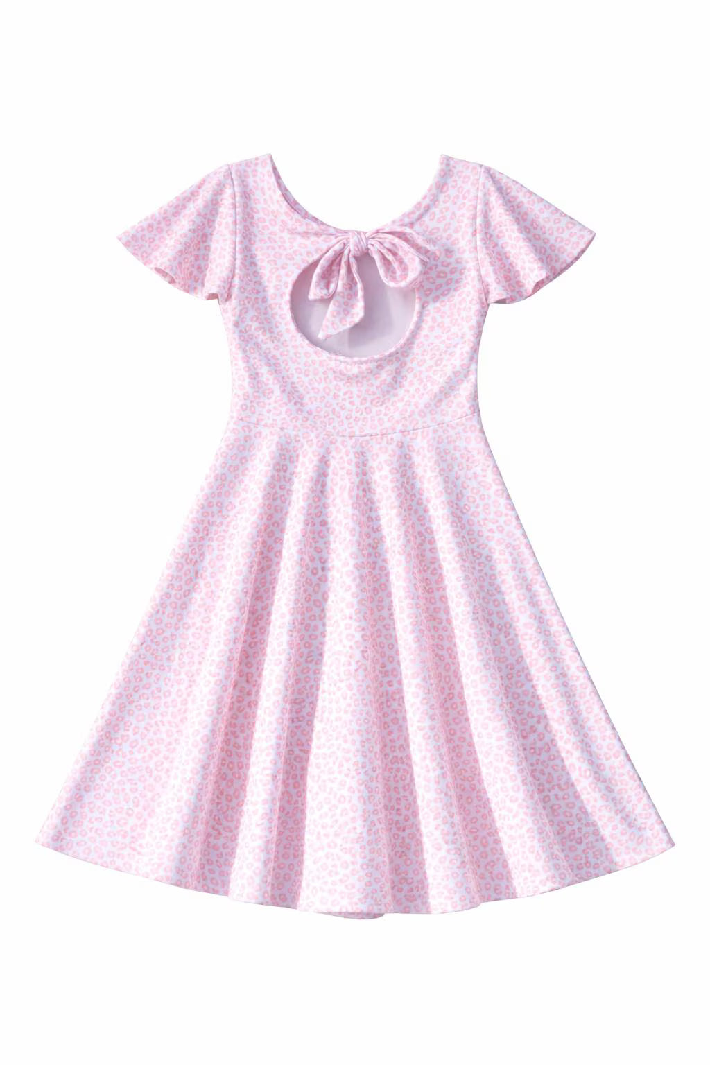 Girls Pink Leopard Twirl Dress | Flutter Sleeve, Bow Back