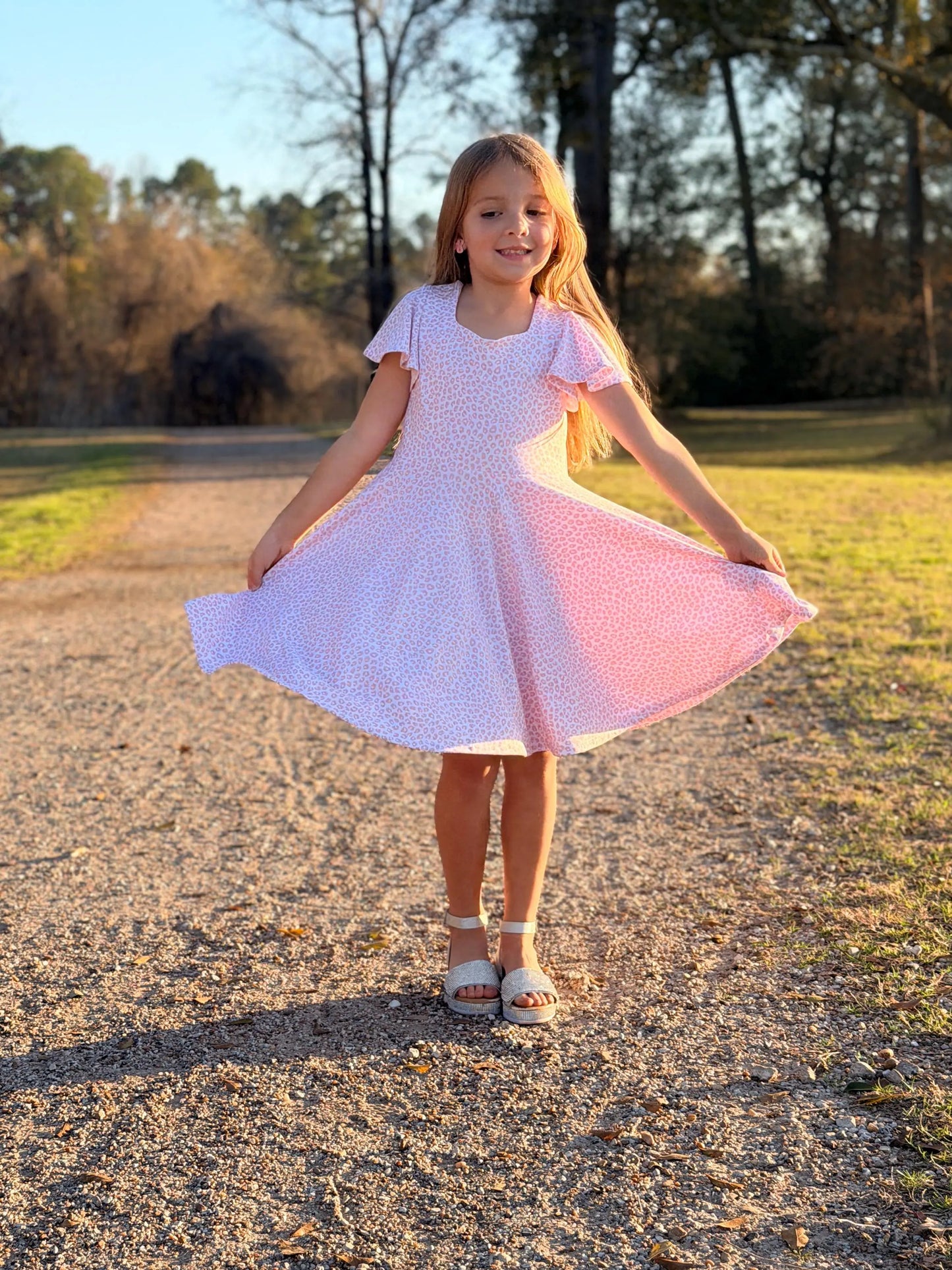Girls Pink Leopard Twirl Dress | Flutter Sleeve, Bow Back