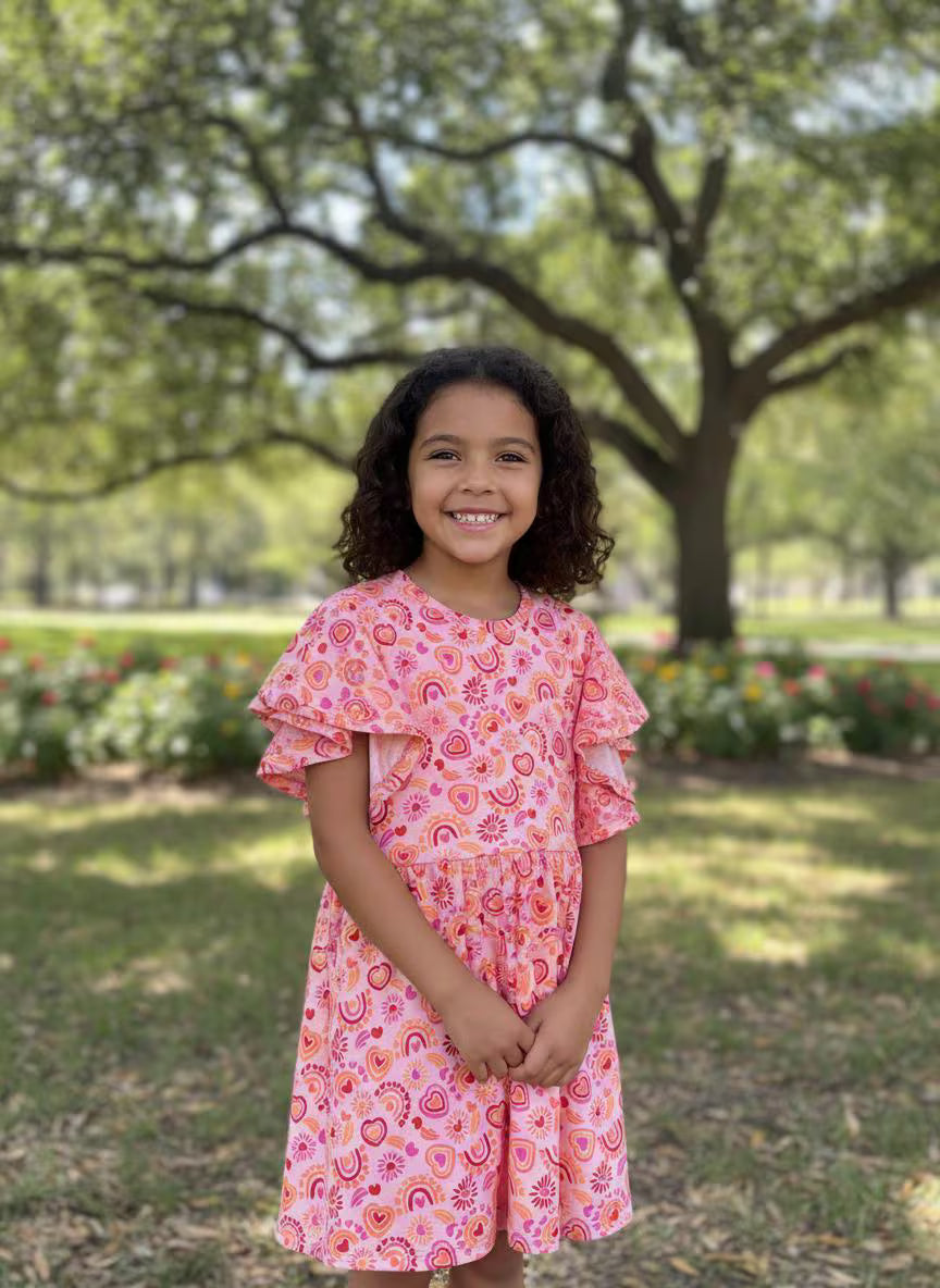 Girls Heart Rainbow Flutter Sleeve Dress | Handmade Toddler & Girls Twirl Dress | Boutique Outfit