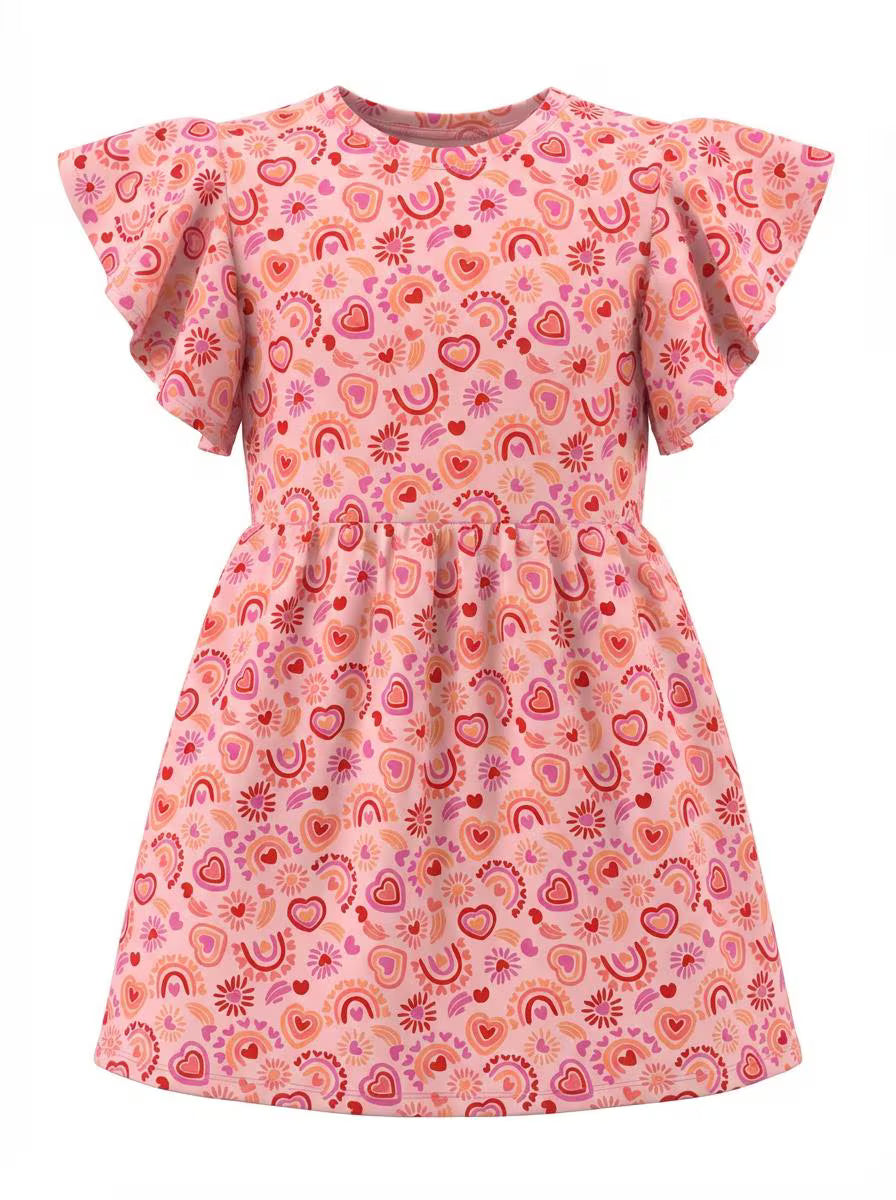 Girls Heart Rainbow Flutter Sleeve Dress | Handmade Toddler & Girls Twirl Dress | Boutique Outfit