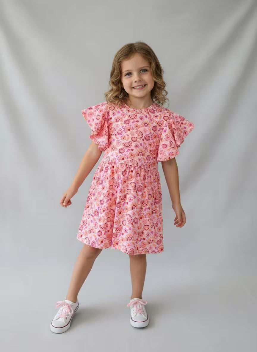Girls Heart Rainbow Flutter Sleeve Dress | Handmade Toddler & Girls Twirl Dress | Boutique Outfit
