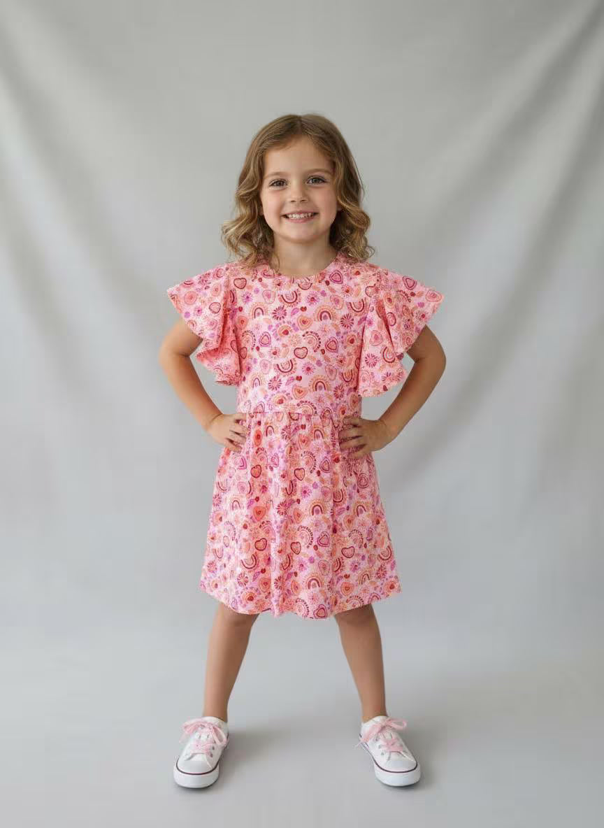 Girls Heart Rainbow Flutter Sleeve Dress | Handmade Toddler & Girls Twirl Dress | Boutique Outfit