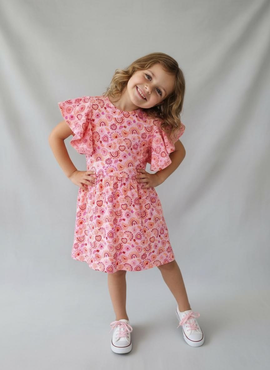 Girls Heart Rainbow Flutter Sleeve Dress | Handmade Toddler & Girls Twirl Dress | Boutique Outfit