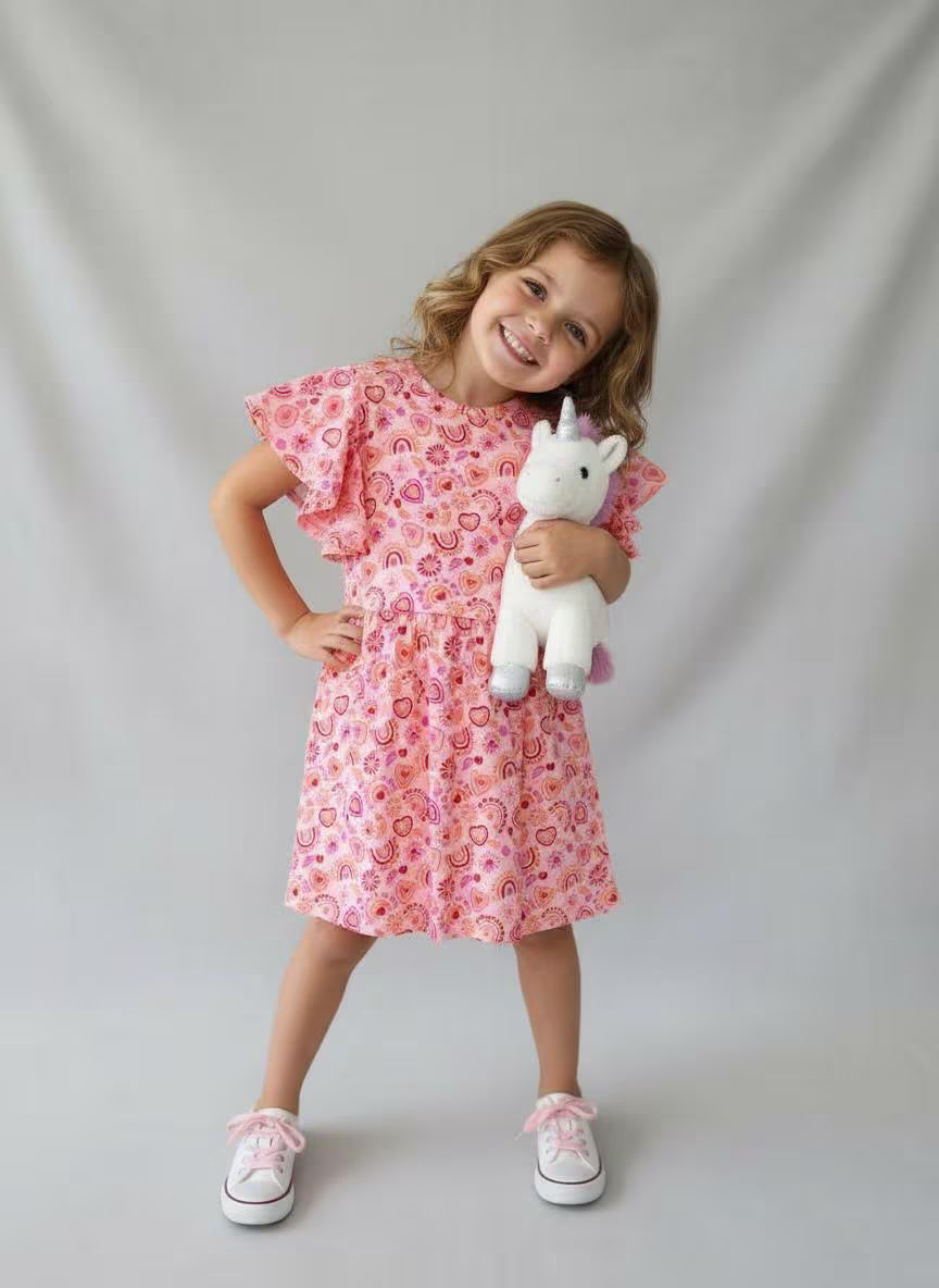 Girls Heart Rainbow Flutter Sleeve Dress | Handmade Toddler & Girls Twirl Dress | Boutique Outfit