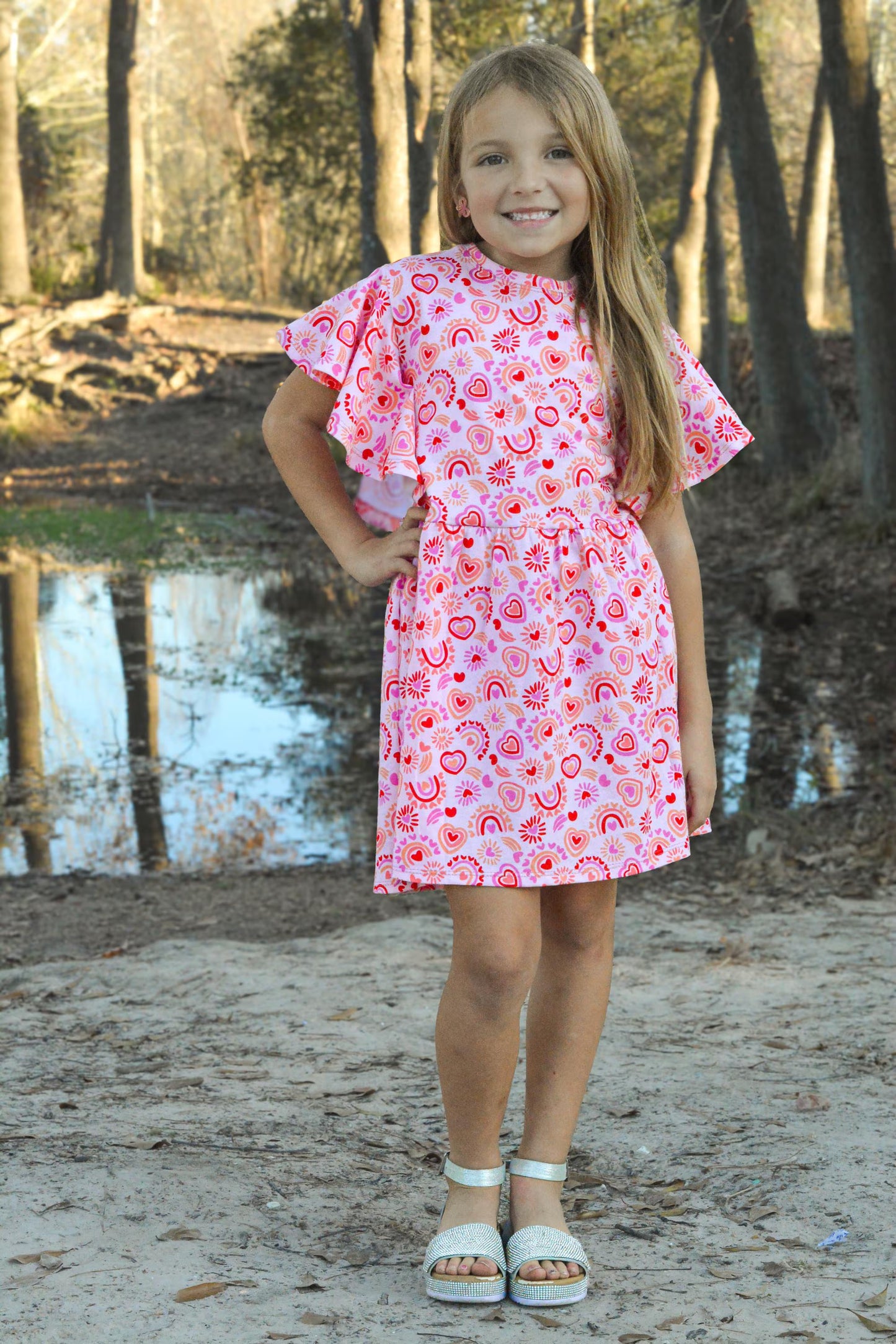 Girls Heart Rainbow Flutter Sleeve Dress | Handmade Toddler & Girls Twirl Dress | Boutique Outfit