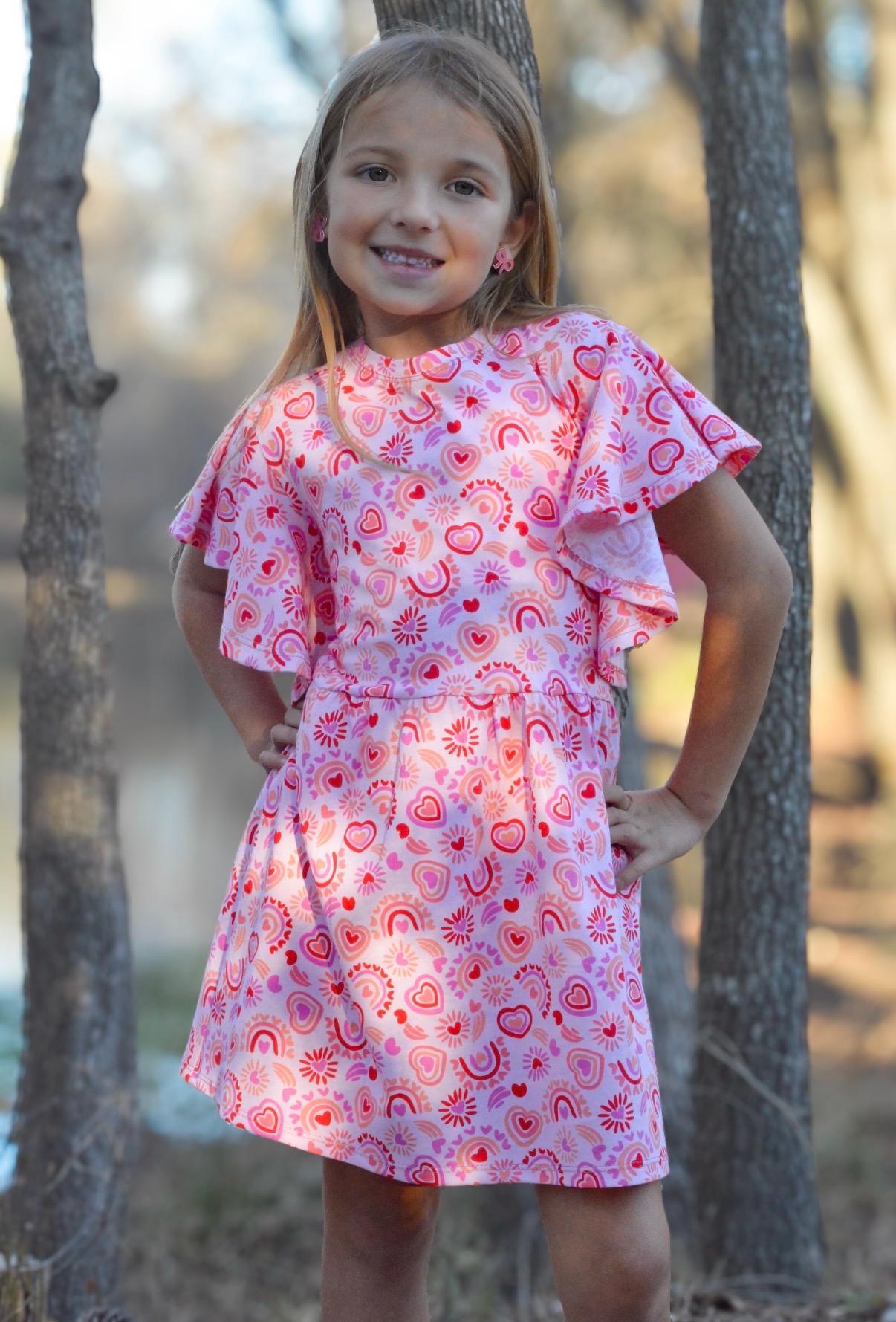 Girls Heart Rainbow Flutter Sleeve Dress | Handmade Toddler & Girls Twirl Dress | Boutique Outfit