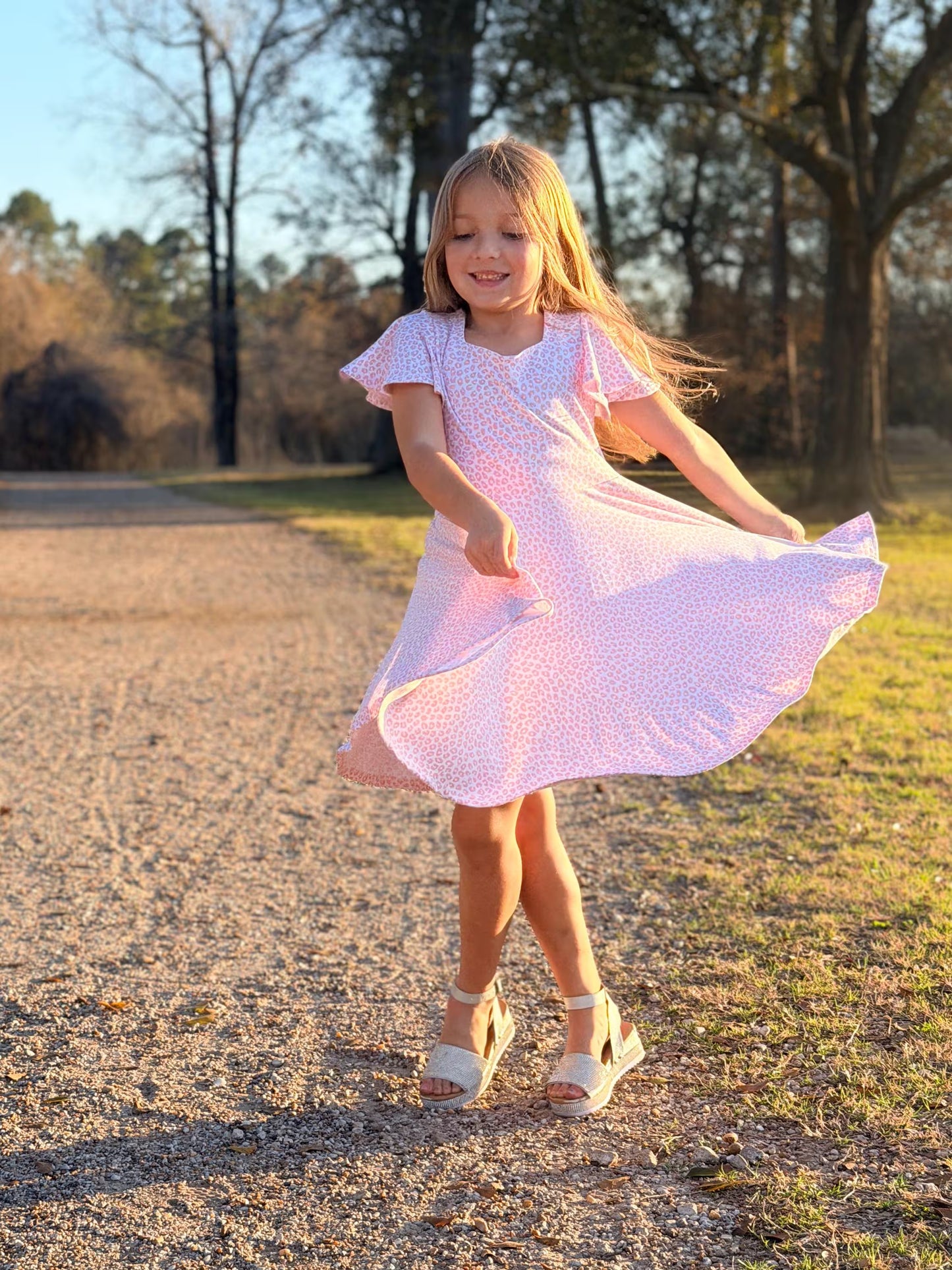 Girls Pink Leopard Twirl Dress | Flutter Sleeve, Bow Back