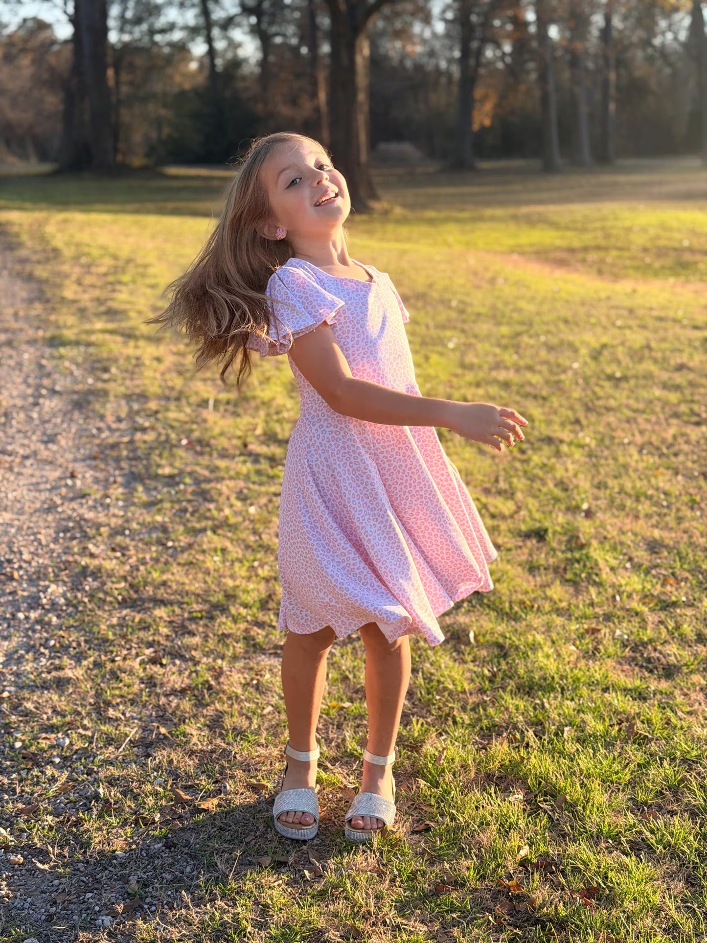 Girls Pink Leopard Twirl Dress | Flutter Sleeve, Bow Back