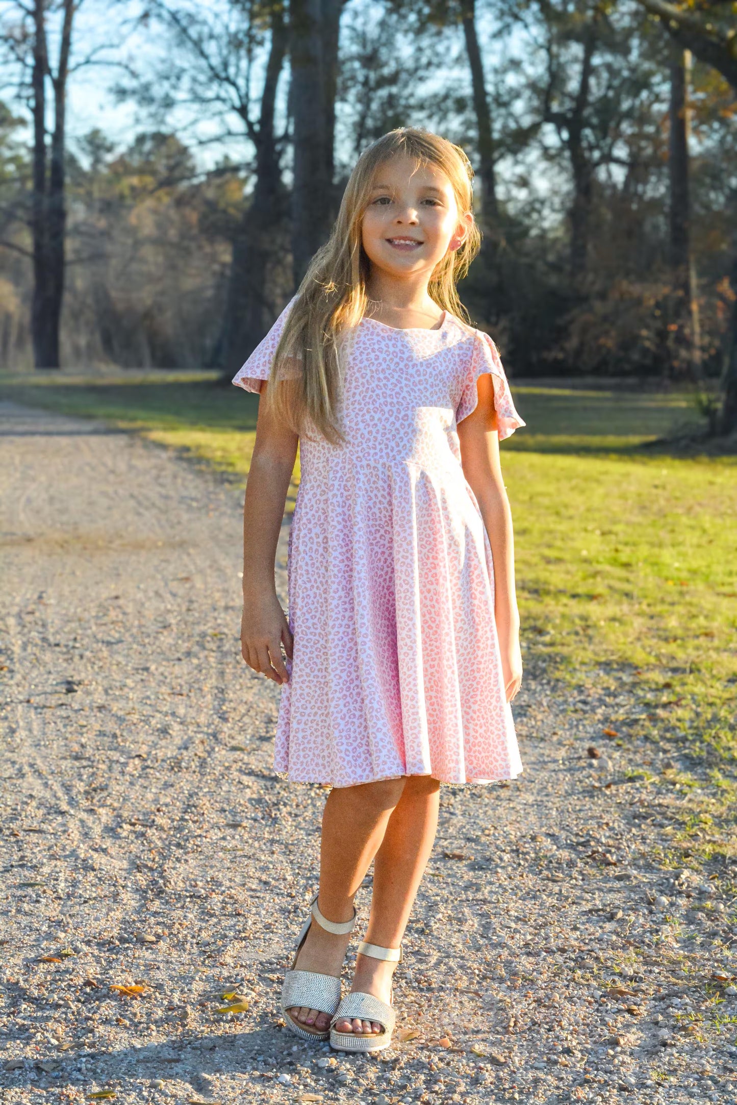 Girls Pink Leopard Twirl Dress | Flutter Sleeve, Bow Back