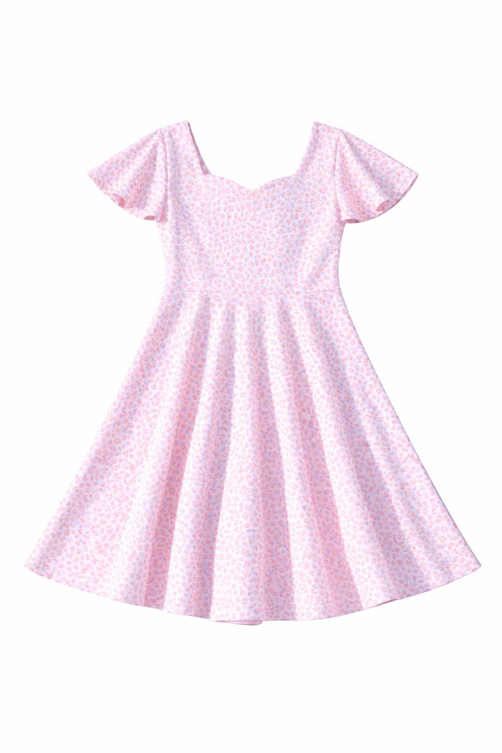 Girls Pink Leopard Twirl Dress | Flutter Sleeve, Bow Back