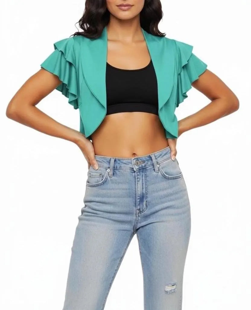 Ruffled Rayon Bolero Shrug: Open-Front Cropped Cover-Up