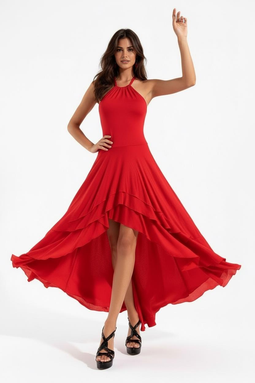 Valentina High Low Halter Dress: Deep-V Asymmetrical Hem, Dance Dress