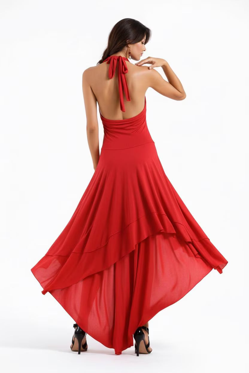 Valentina High Low Halter Dress: Deep-V Asymmetrical Hem, Dance Dress