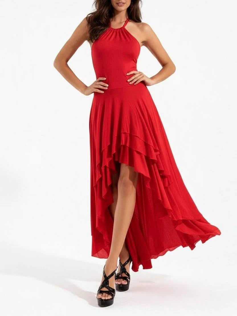Valentina High Low Halter Dress: Deep-V Asymmetrical Hem, Dance Dress