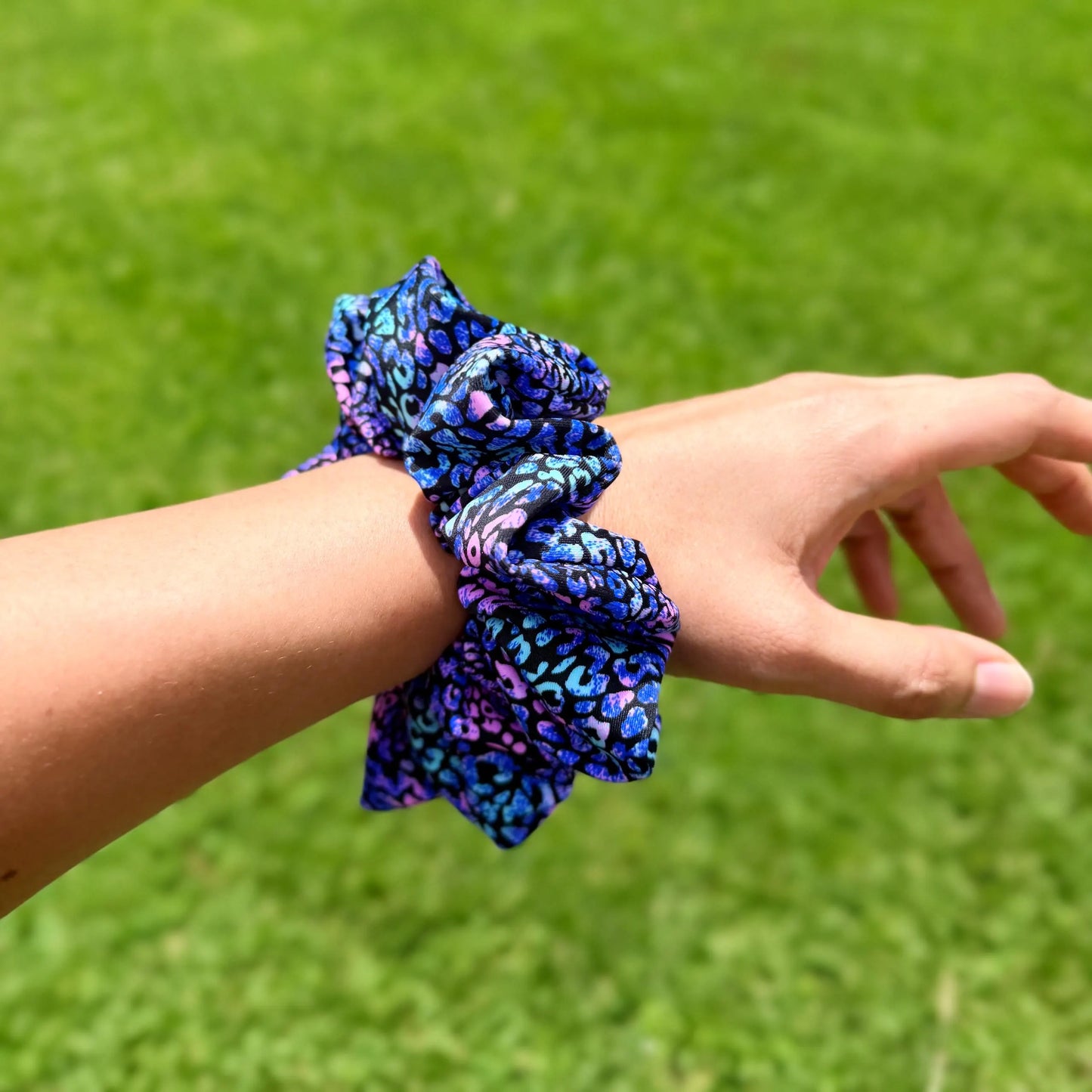 Midnight Galaxy Leopard Scrunchie – Blue & Purple Print Hair Tie