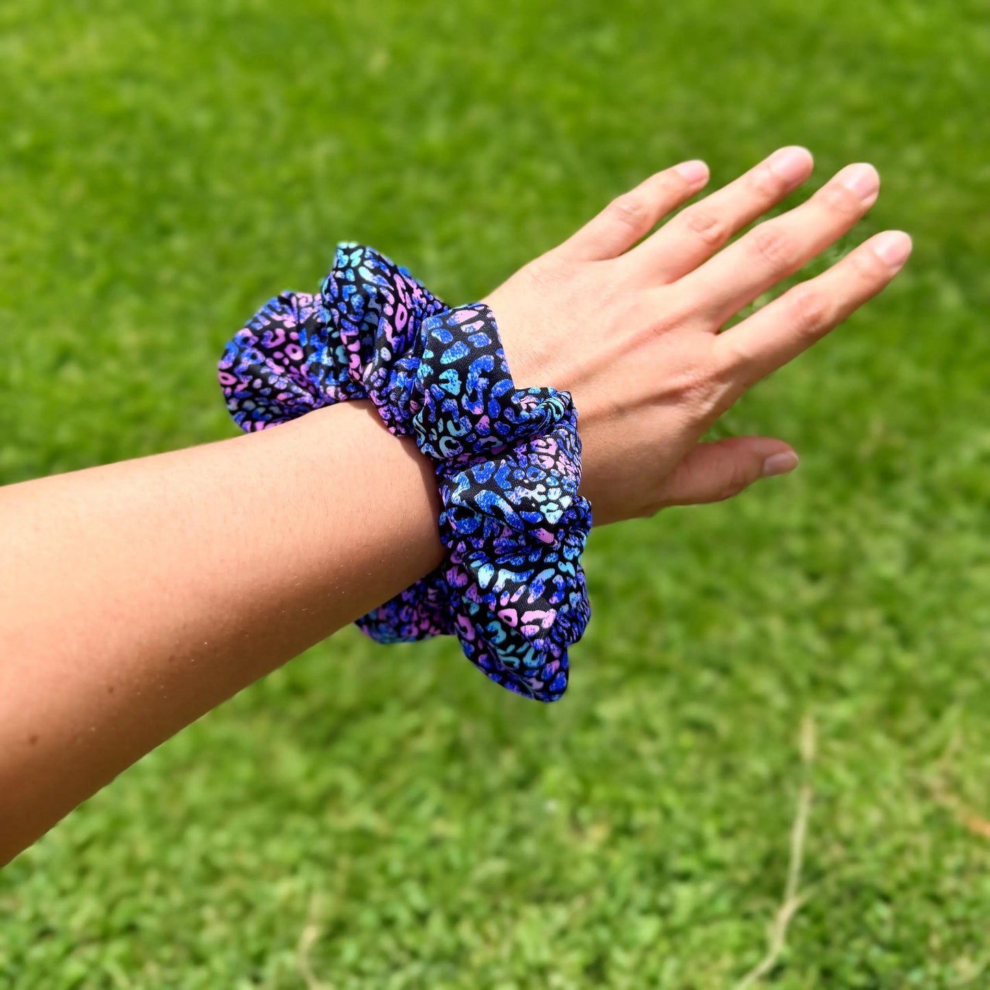 Midnight Galaxy Leopard Scrunchie – Blue & Purple Print Hair Tie