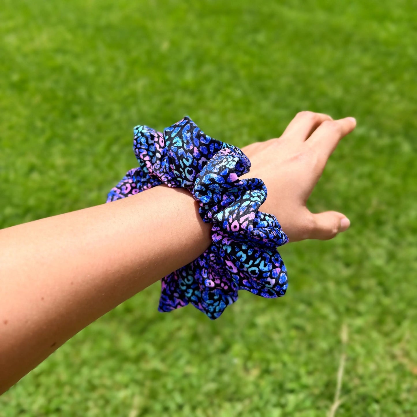 Midnight Galaxy Leopard Scrunchie – Blue & Purple Print Hair Tie