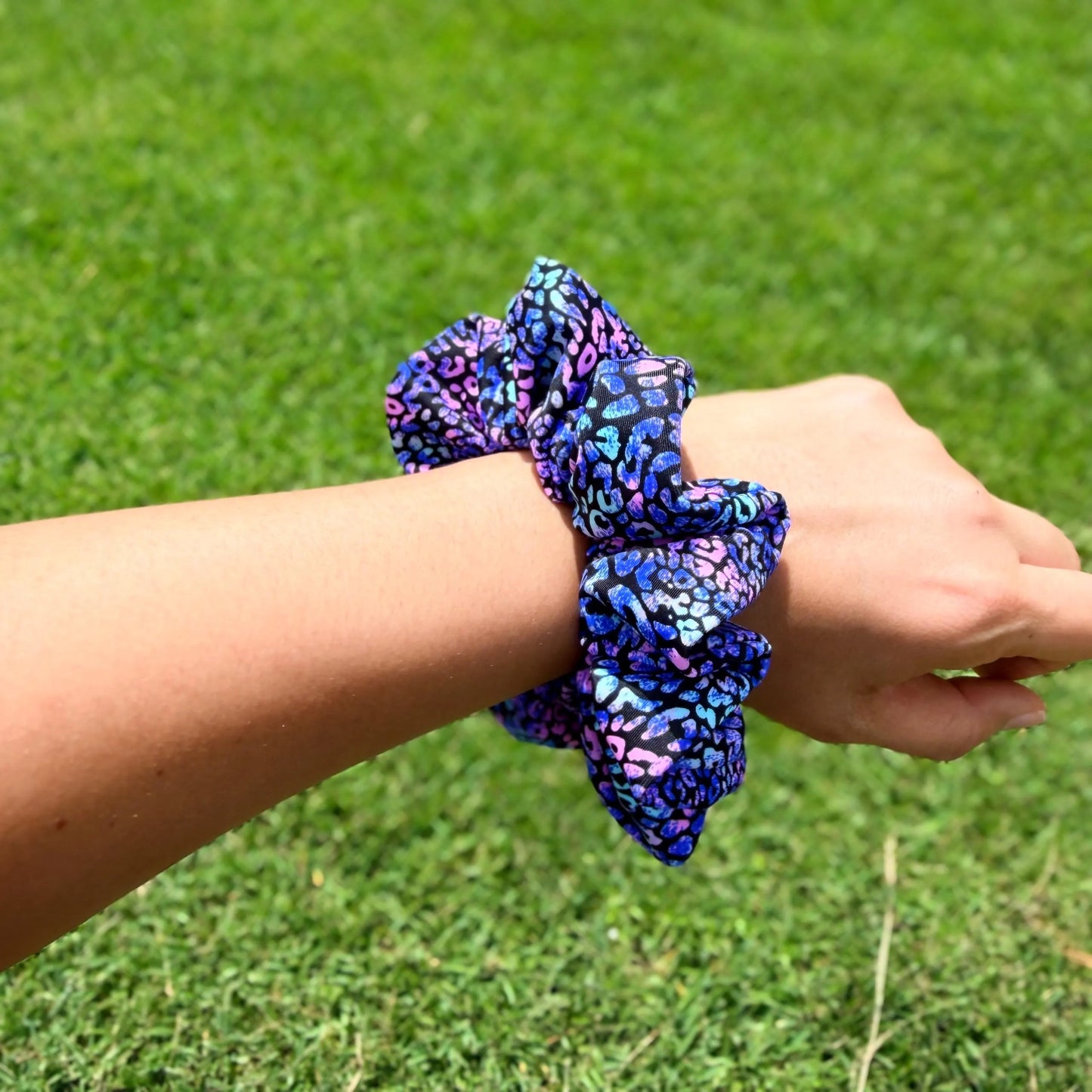 Midnight Galaxy Leopard Scrunchie – Blue & Purple Print Hair Tie