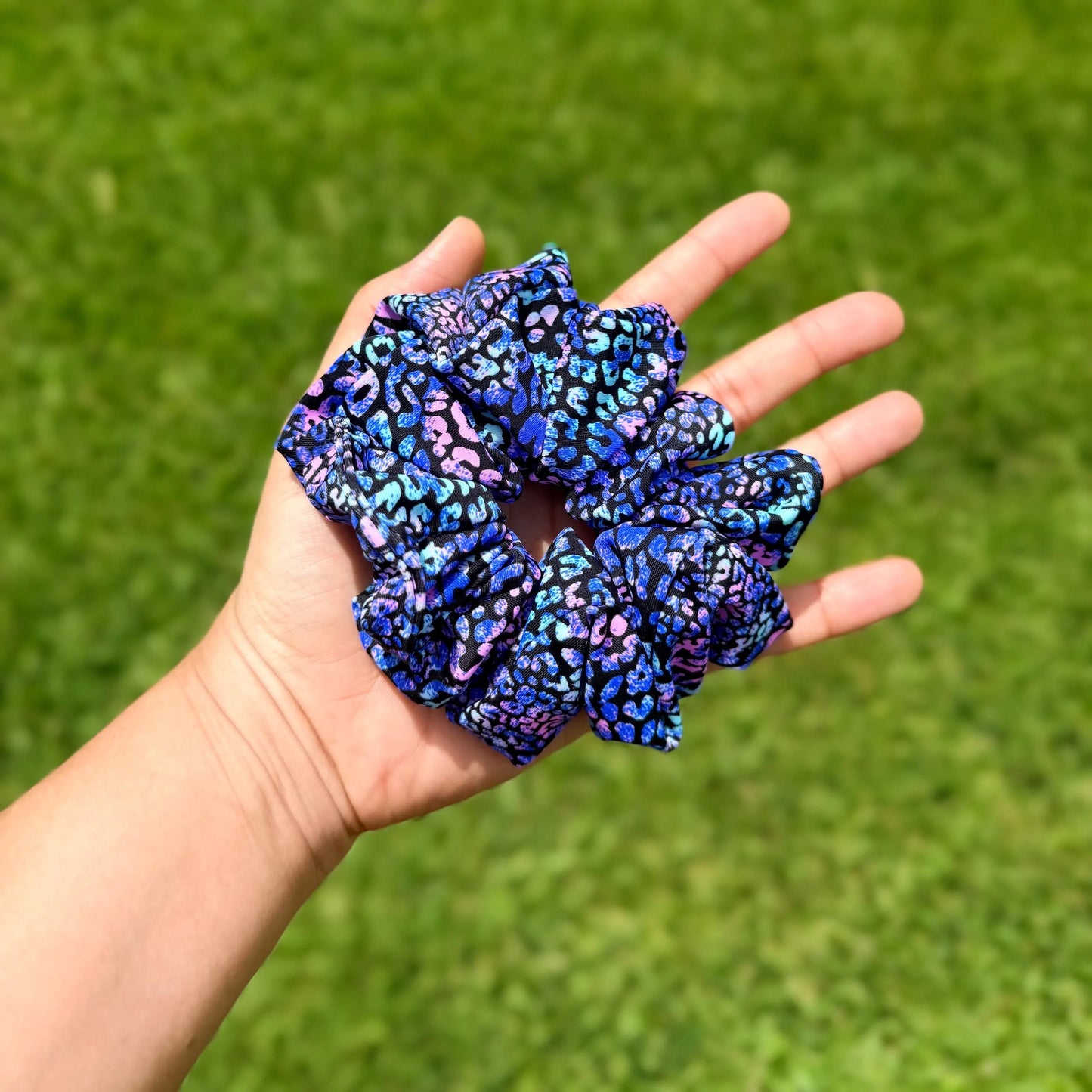 Midnight Galaxy Leopard Scrunchie – Blue & Purple Print Hair Tie