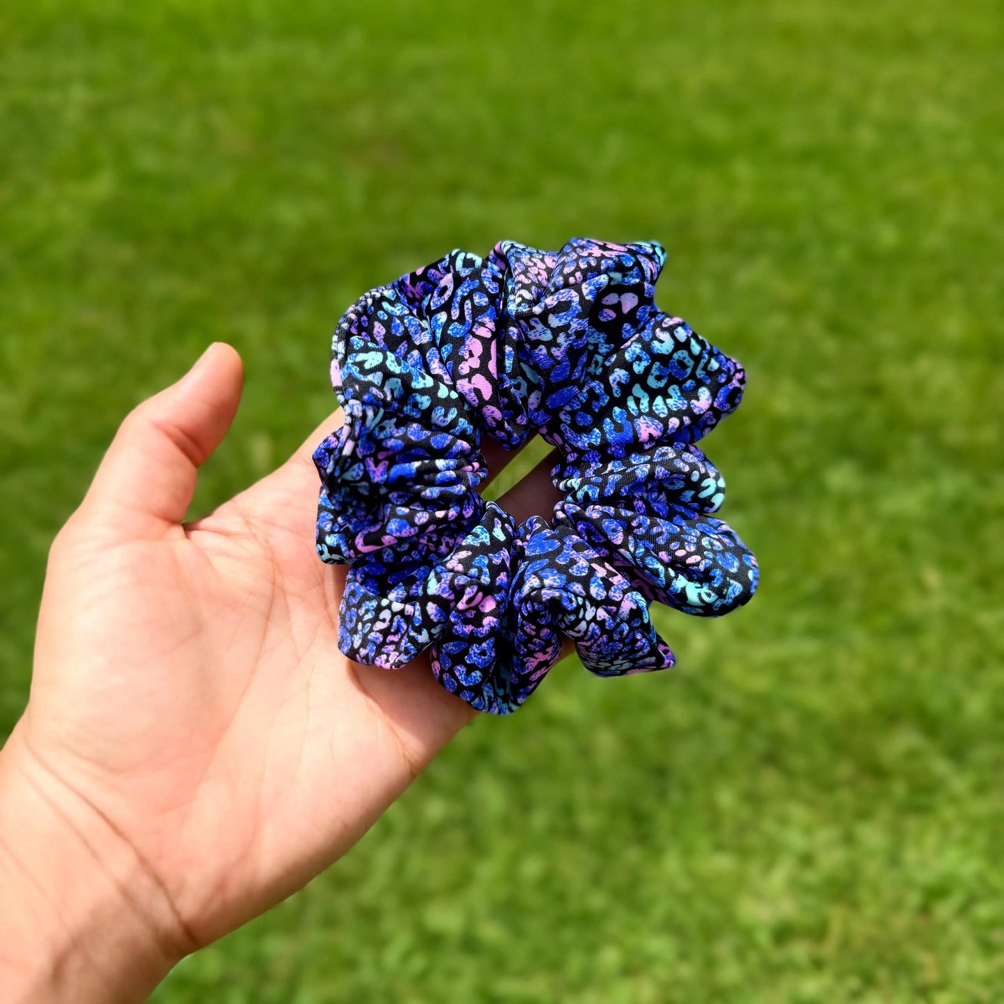 Midnight Galaxy Leopard Scrunchie – Blue & Purple Print Hair Tie