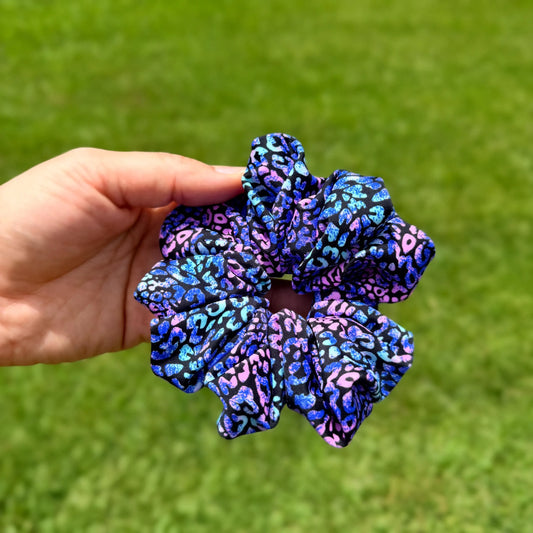 Midnight Galaxy Leopard Scrunchie – Blue & Purple Print Hair Tie