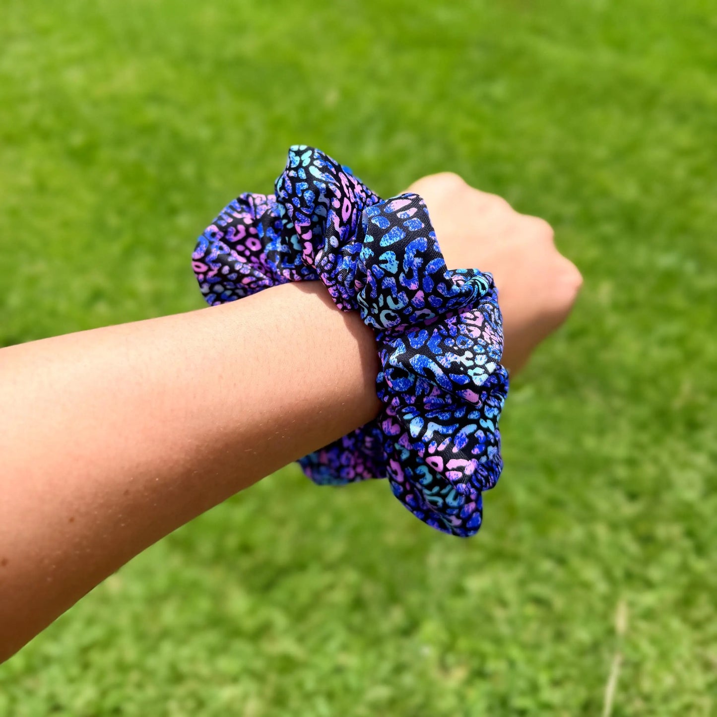 Midnight Galaxy Leopard Scrunchie – Blue & Purple Print Hair Tie