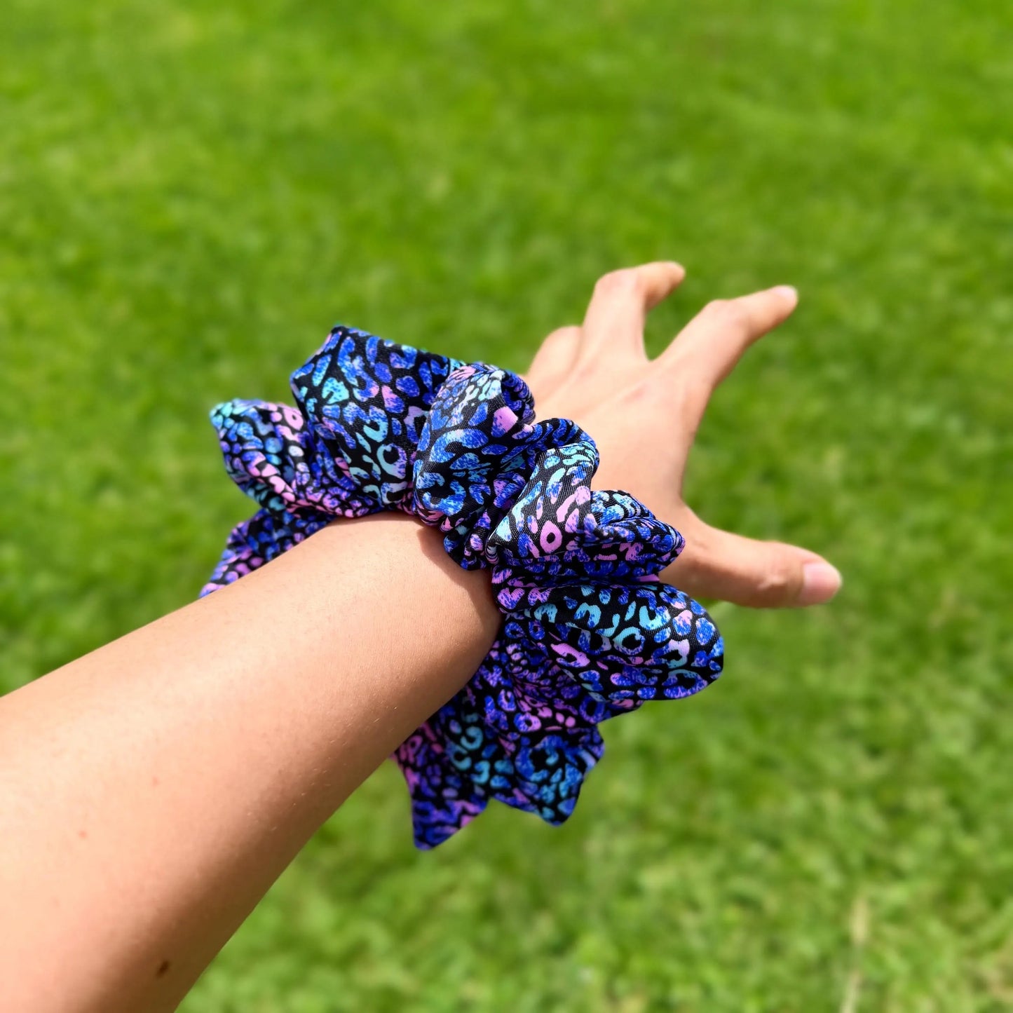 Midnight Galaxy Leopard Scrunchie – Blue & Purple Print Hair Tie