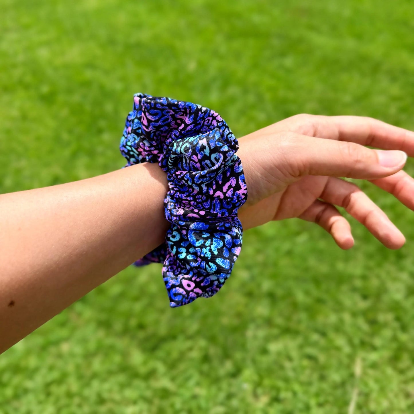 Midnight Galaxy Leopard Scrunchie – Blue & Purple Print Hair Tie