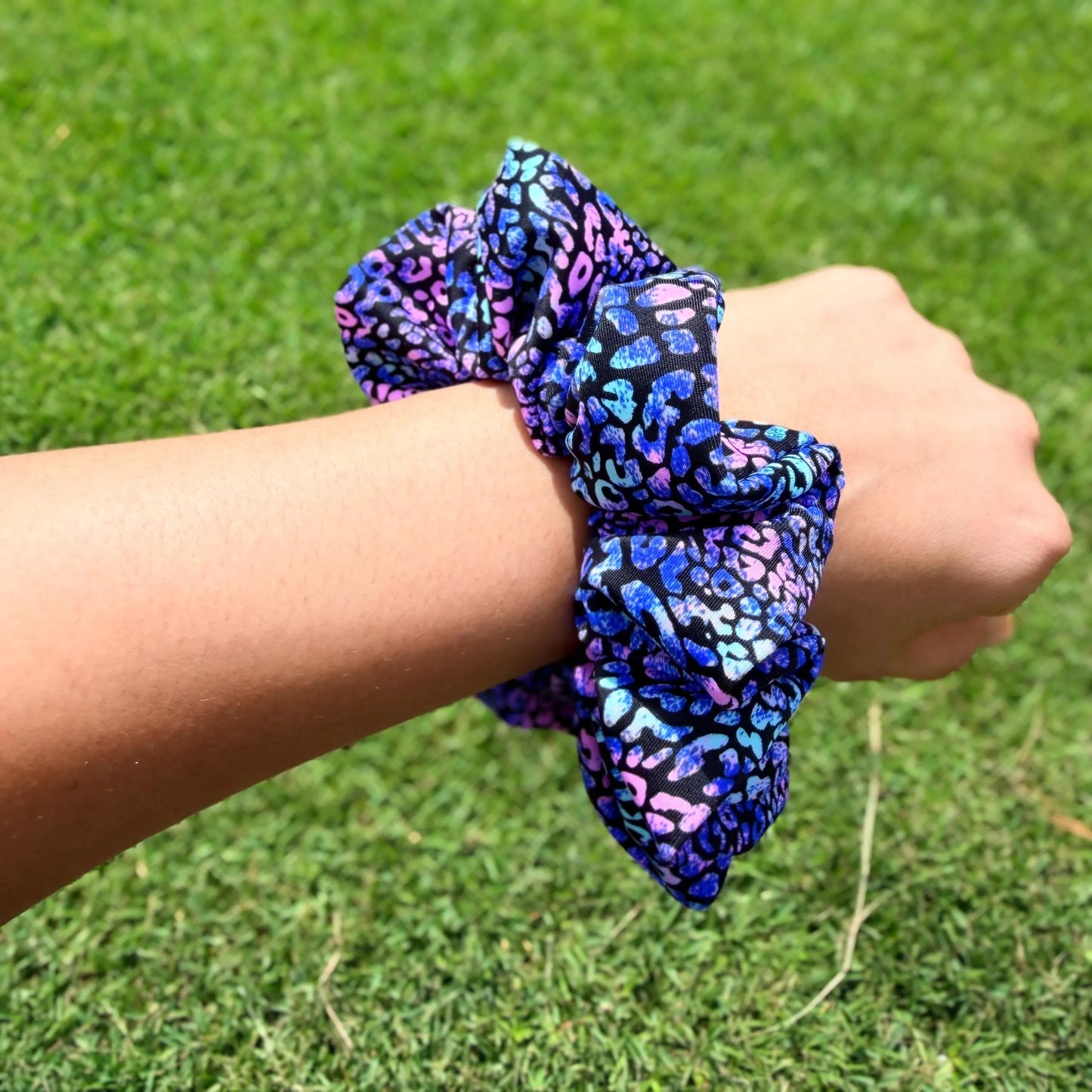 Midnight Galaxy Leopard Scrunchie – Blue & Purple Print Hair Tie