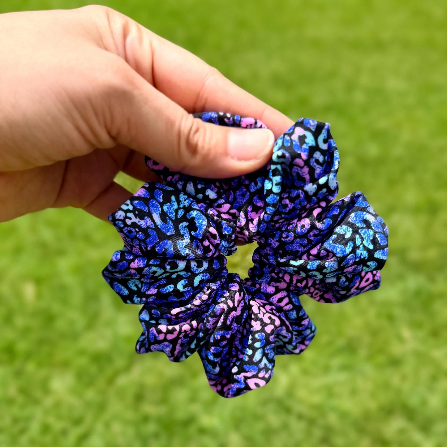 Midnight Galaxy Leopard Scrunchie – Blue & Purple Print Hair Tie