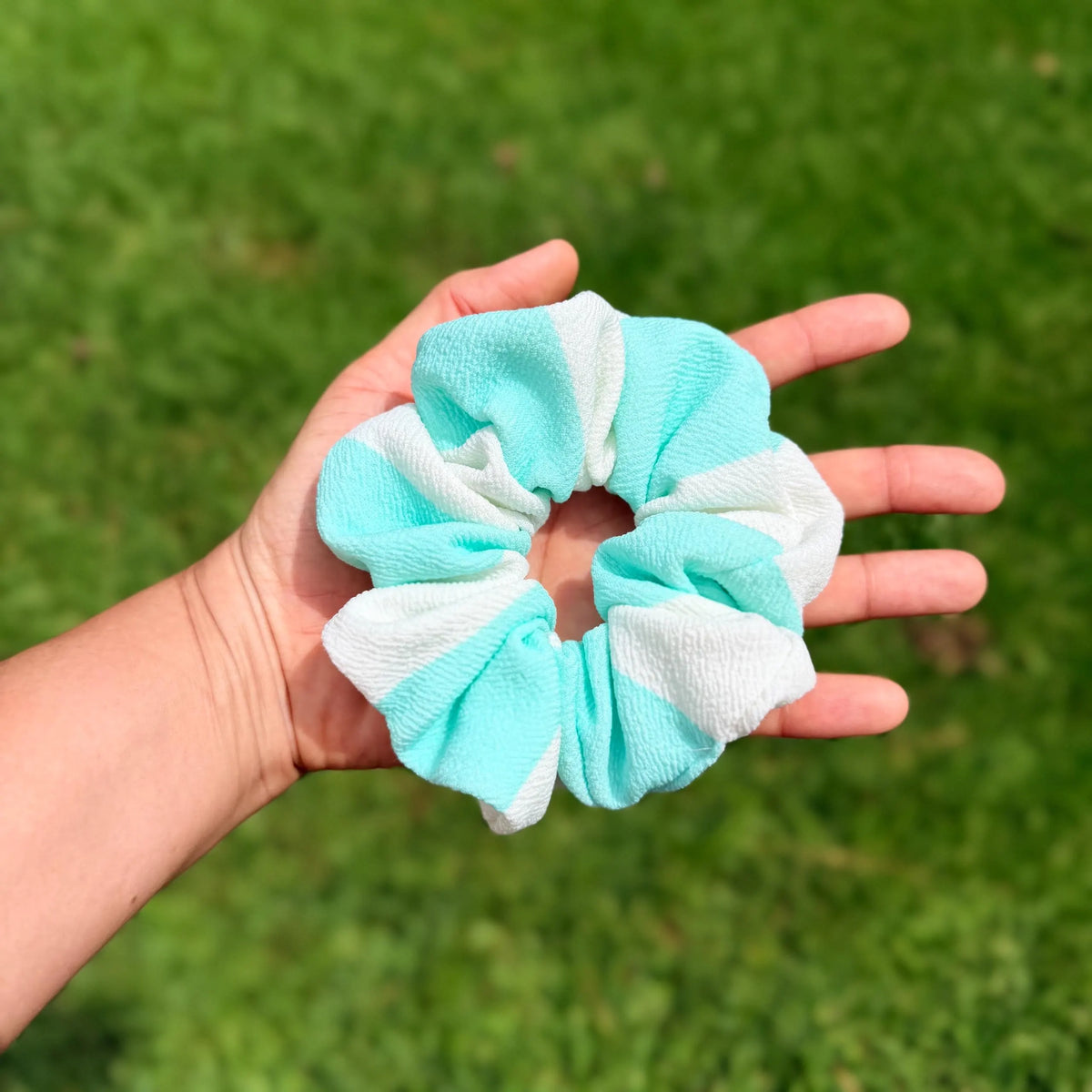 Mint & White Striped Scrunchie | Textured Fabric Hair Tie | Preppy Summer Scrunchie | Cabana Stripe Hair Accessory | Handmade Gift