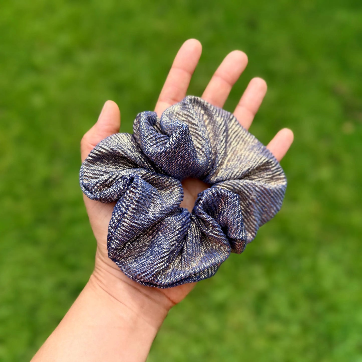 Metallic Gold and Royal Blue Scrunchie | Shimmer Hair Tie | Sparkly Scrunchie | Statement Hair Accessory | Handmade Elastic Scrunchie