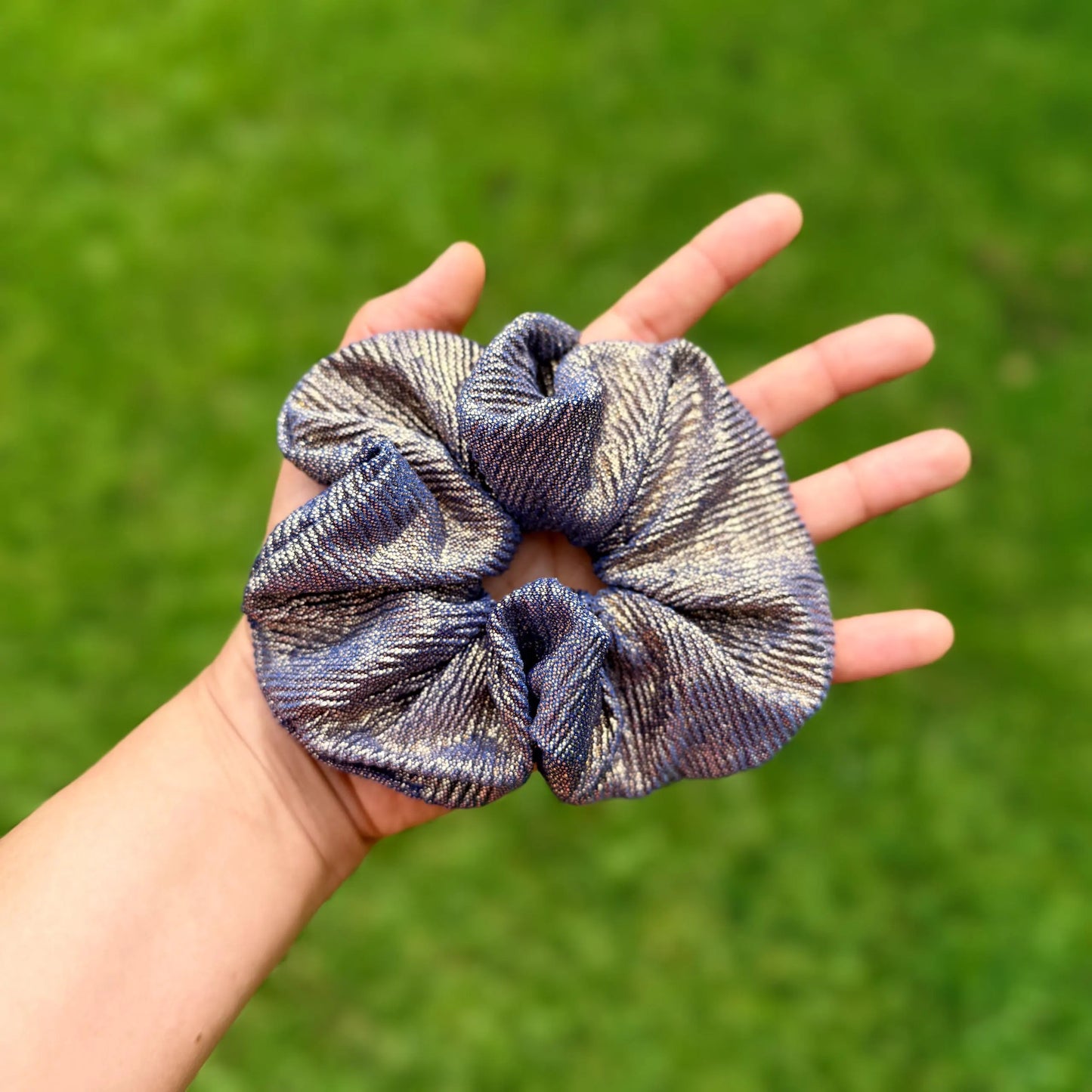 Metallic Gold and Royal Blue Scrunchie | Shimmer Hair Tie | Sparkly Scrunchie | Statement Hair Accessory | Handmade Elastic Scrunchie